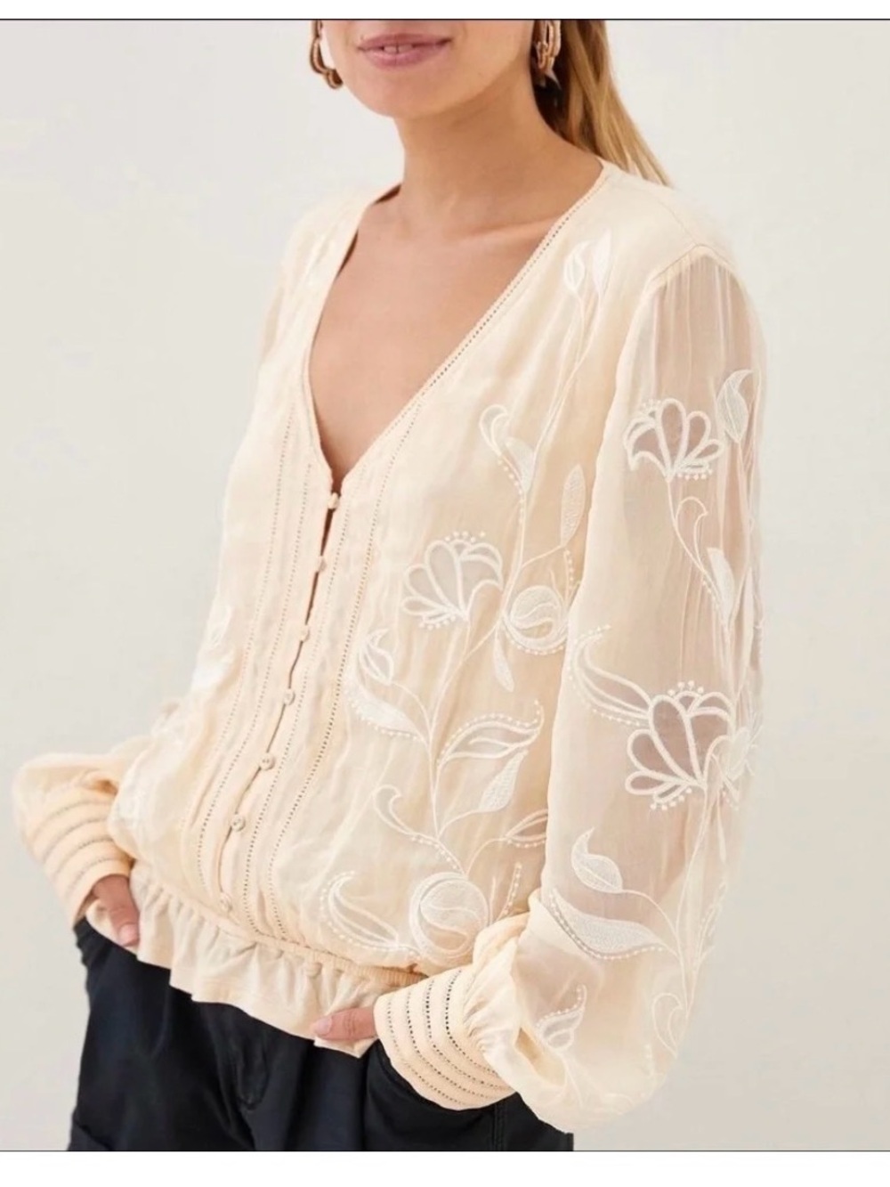 By ANTHROPOLOGIE Embroidered Floral Button down Women's Size L Cream